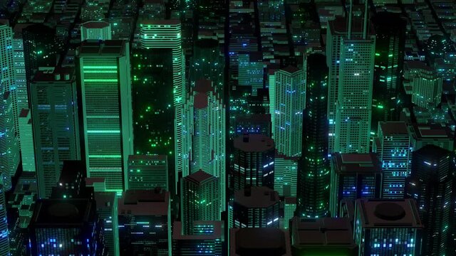 3D animation aerial view of downtown metro city skyline and buildings, camera spins 360 degrees in a seamless loop. 4K HD.