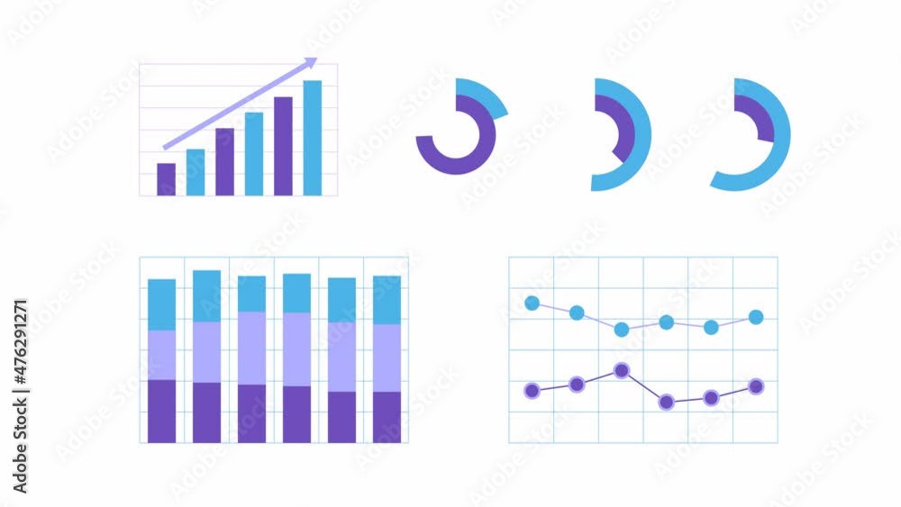 Poster animation of graphics, financial diagram and charts showing profits and losses. elements for user in