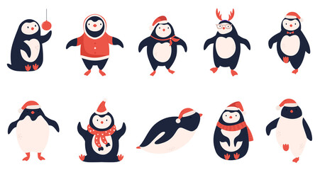 Vector set of cute Christmas penguins in Santa hats, clothing
