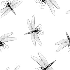 Seamless dragonfly pattern isolated on white background. Flat vector illustration with insects.