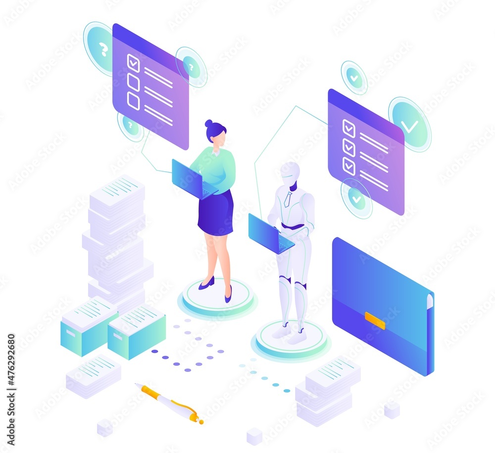 Poster robot machine doing work quickly than human, vector isometric illustration. robots superiority. auto