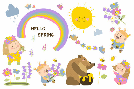 Spring set on a white background. Cute little girls with flowers. Brown bear eating honey. Vector illustration in cartoon style. Hand drawing. For print, web design