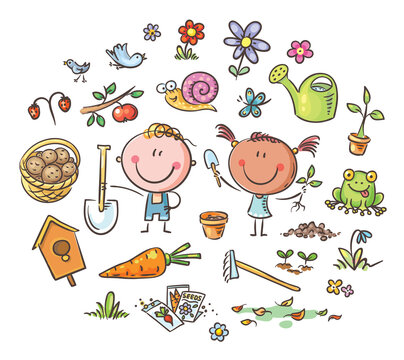 Cartoon doodle kids in the garden, clipart set