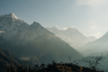 panorama view of Mount Everest massif Nuptse, Lhotse and Ama Dablam from Namche Bazar, Himalayas,...