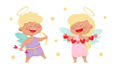 Cute baby angels with nimbus and wings. Happy smiling angelic little children vector illustration