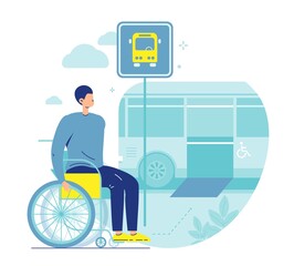 Fototapeta premium Man in wheelchair boarding city bus with access ramp. Public transport accessibility. Barrier free environment, vector.