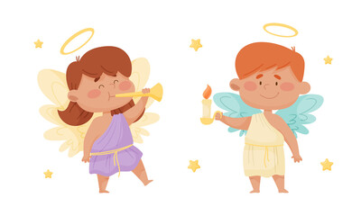Cute baby angels with nimbus and wings. Lovely angelic little children playing trumpet and holding candlestick with candle vector illustration