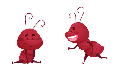 Ant doing various actions set. Happy insects cartoon characters activity vector illustration