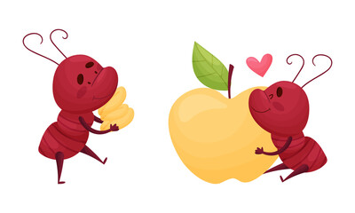 Ant doing various actions set. Funny insects cartoon characters with food vector illustration