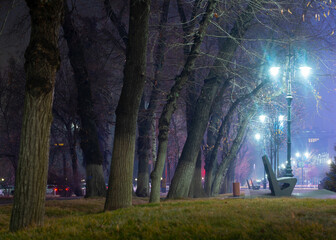 Almaty city night streets and parks on winter 2021