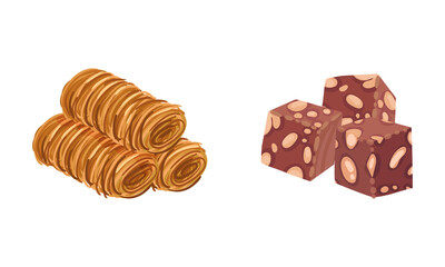Oriental cuisine deserts set. Traditional sweet pastry products vector illustration