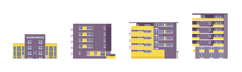 Block of flats contemporary detached architecture set, standard type, concrete design city dwellers, panel houses, multi-storey building complex. Vector flat style cartoon illustration, modular store