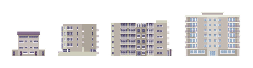 Multi apartment detached buildings set, housing blocks, urban-cityscape. Residential city high-rise houses with windows and balcony. Vector flat style cartoon illustration, modular store elements