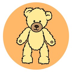 Cute teddy bear toy with yellow fur on an orange background, icon, vector illustration