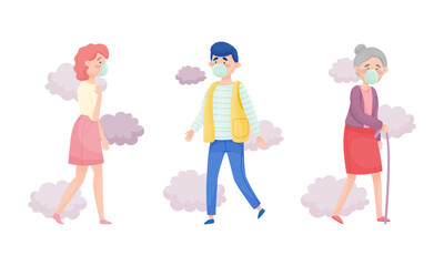 Set of people walking on street wearing protective face masks to prevent smog and contaminated air. Air pollution, pollutant gas emission concept vector illustration
