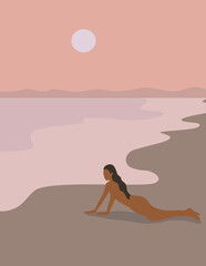 Attractive girl sunbathes naked on the beach alone. Summer vacation, travel, vacation. Beautiful colors. Vector illustration. banner.