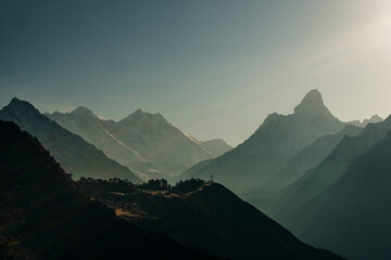 panorama view of Mount Everest massif Nuptse, Lhotse and Ama Dablam from Namche Bazar, Himalayas,...