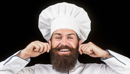 Cook hat. Bearded chef, cooks or baker. Bearded male chefs isolated on black. Funny chef with beard cook. Beard man and moustache wearing bib apron. Nappy man. Portrait of a happy chef cook