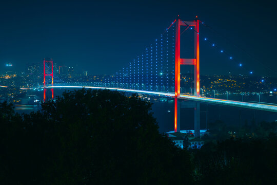 Istanbul background photo. Bosphorus Bridge at night.