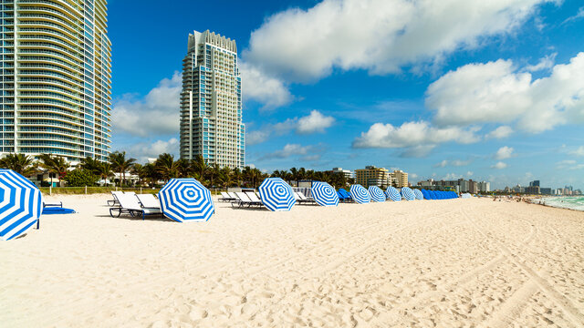 Beautiful Miami Beach cityscape with colorful umbrellas and luxury condos
