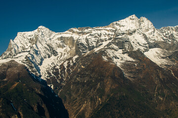 panorama view of Mount Everest massif Nuptse, Lhotse and Ama Dablam from Namche Bazar, Himalayas,...