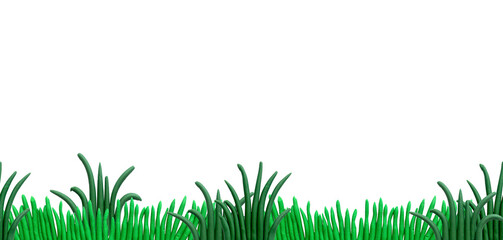 seamless border. 3d illustration from plasticine. green grass. lawn, bushes, plasticine landscape isolated on white background. - obrazy, fototapety, plakaty