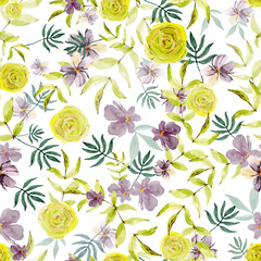 watercolor illustration seamless pattern yellow rosebuds,pansy flowers,delicate green twigs with leaves,for wallpaper or fabric