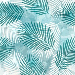 Tropical pattern, palm leaves seamless vector background. Exotic plant on watercolor stains artistic jungle print. Leaves of palm tree. ink brush
