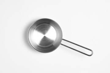 Stainless steel frying pan isolated on white background.High resolution photo.Top view. Mock-up.