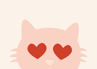 Vector horizontal love card cat with heart-shaped eyes