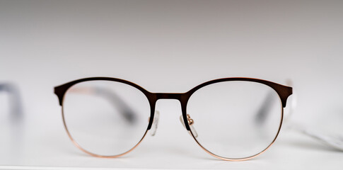 Optical modern accessory with lenses. Eyeglasses standing on white background.