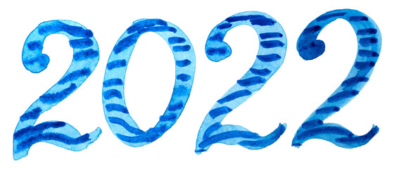 Blue Brushstroke watercolor paint lettering calligraphy of 2022 on white background