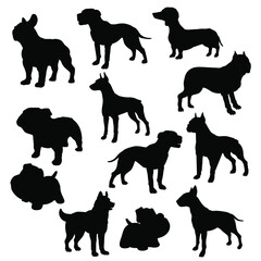 Silhouettes of animals, dogs of different breeds.
