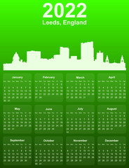 Green stylish 2022 year calendar with cityscape panorama of the city of Leeds, England