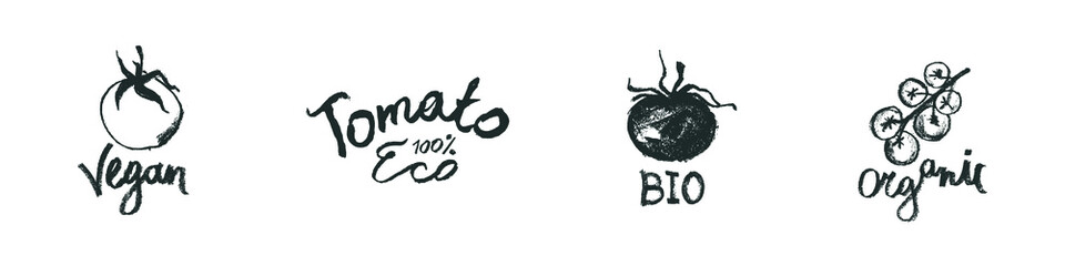 Vector vegan badges. Hand-drawn tomatoes symbols. Organic tomato. Healthy vegetarian food concept. Healthy eating icons for catchup label, packaging Tomato juice, banner natural bio organic agronomy.