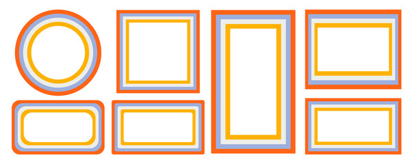 set of rainbow frames in 1970s hippie style. patterns retro vintage 70s groove. collection of round frame, star, rhombus and square. vector illustration design isolated.