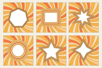 set of rainbow frames in 1970s hippie style. patterns retro vintage 70s groove. collection of round frame, star, rhombus and square. vector illustration design isolated.