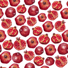 Seamless pattern with watercolor garnet, half pomegranate on a white background.