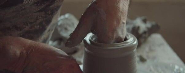 Close up shot of hands of unrecognizable male potter shaping clay on spinning wheel while making ceramic pot in workshop