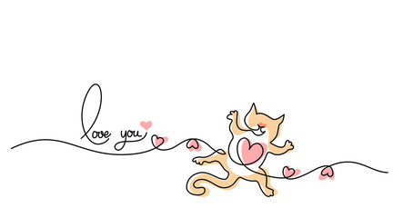 Valentines day card decoration. Fanny Cat with hearts.