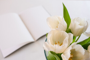 blank white booklet with pen and white tulips on white background. Copy space.