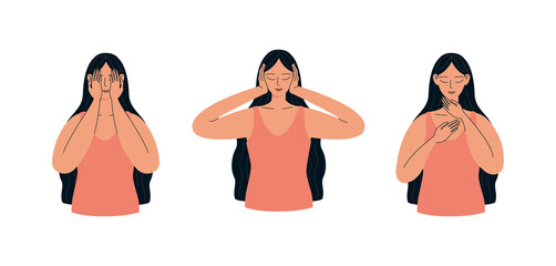 Woman self-healing reiki. The woman heals the face, ears, throat with the energy of Reiki. Holistic self-therapy vector illustration isolated on white background.