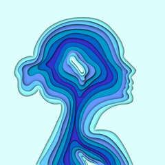 blue multicolored silhouette profile woman head, cut paper effect, layering