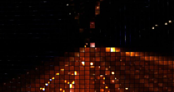 Wall of cell tiles with flashes of light. Colorful hyperjump with 3d glow and electric highlights. Night mosaic of cosmic dance floor with digital transitions synthwave disco from 80s and 90s