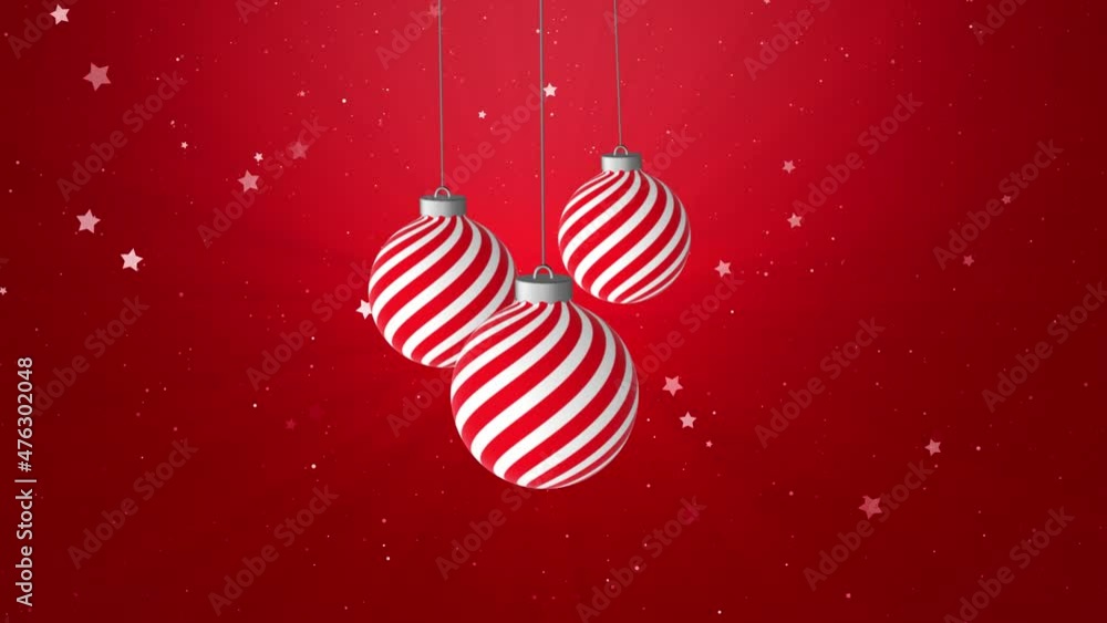 Poster seamless loop christmas baubles swing on the string with stars on red copy space animation backgroun