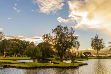 Beautiful Liliuokalani Park and Gardens in Hilo, Hawaii, on a rainy sunset