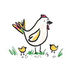 Cute sketch hand drawn color pencil hen with chickens illustration. Bright cartoon summer childish funny farm birds for kids print design, textile decoration, greeting cards, stickers, logo