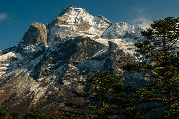 panorama view of Mount Everest massif Nuptse, Lhotse and Ama Dablam from Namche Bazar, Himalayas,...