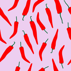 A simple pattern for Chile peppers.  Pink background, and small chili peppers. Fashionable print for textiles, wallpaper and packaging.