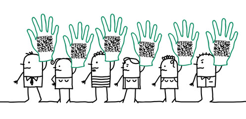 Fototapeta na wymiar Cartoon People showing QR code in their raised Hands